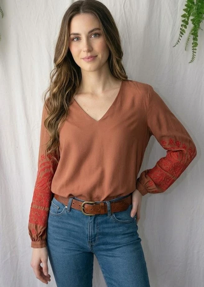 Fluid V-neck blouse with long puff sleeves terracotta with embroidery "Cremieux" – photo 5